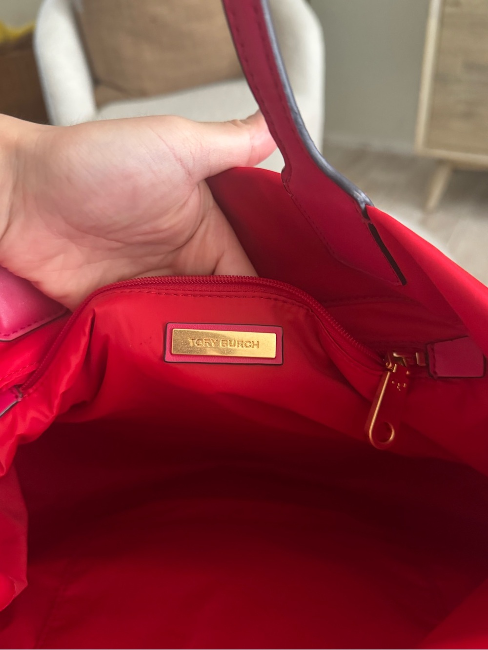 Tory Burch Bright Red Nylon Tote with Logo Medallion - Picture 13 of 15